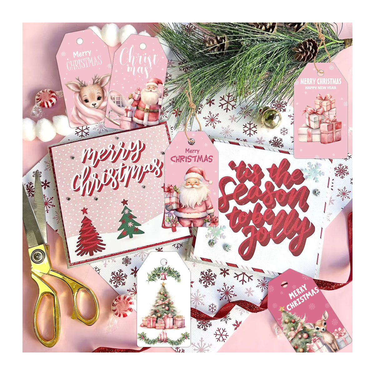 48 Stück Tissy Weihnachts Geschenkeanhänger aus Papier in Rosa mit Hirsch- und Weihnachtsmann-Motiven für DIY Dekorationen - Bild 6