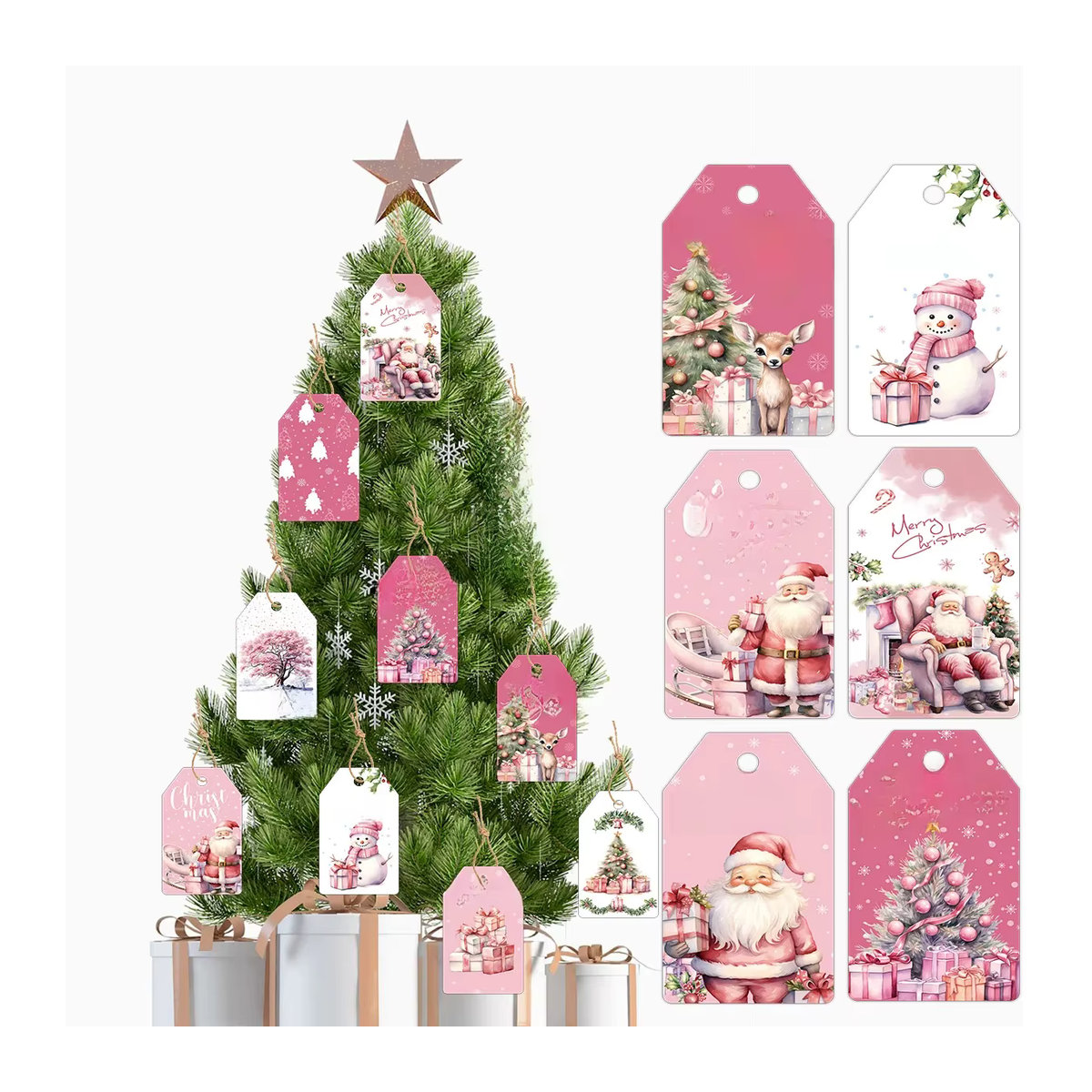 48 Stück Tissy Weihnachts Geschenkeanhänger aus Papier in Rosa mit Hirsch- und Weihnachtsmann-Motiven für DIY Dekorationen - Bild 7