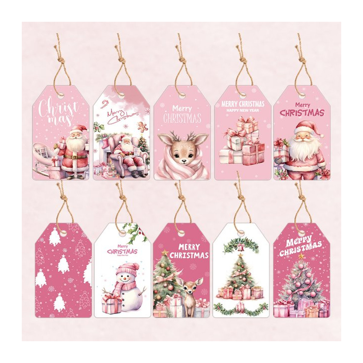 48 Stück Weihnachts-Hängeetiketten aus Papier in Rosa mit Weihnachtsmann, Rentier und Schneemann für deine DIY-Geschenke und Weihnachtsdekoration - Bild 1