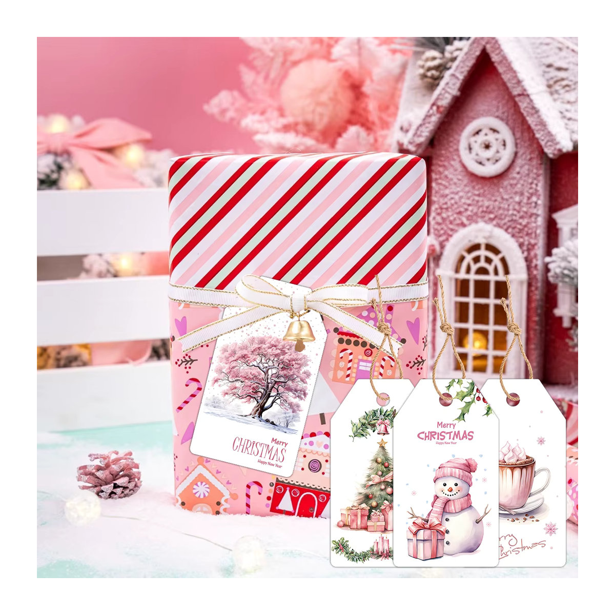 48 Stück Weihnachts-Hängeetiketten aus Papier in Rosa mit Weihnachtsmann, Rentier und Schneemann für deine DIY-Geschenke und Weihnachtsdekoration - Bild 4