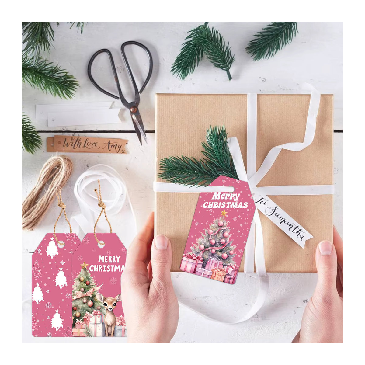 48 Stück Weihnachts-Hängeetiketten aus Papier in Rosa mit Weihnachtsmann, Rentier und Schneemann für deine DIY-Geschenke und Weihnachtsdekoration - Bild 6