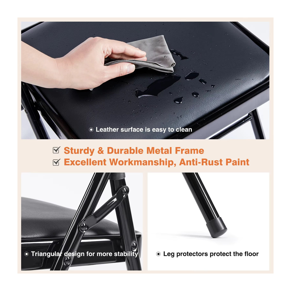 4er Pack Leder Klappstühle mit Metallgestell in Grau und Schwarz, minimalistische Gartenstühle für Innen und Außen - Bild 3