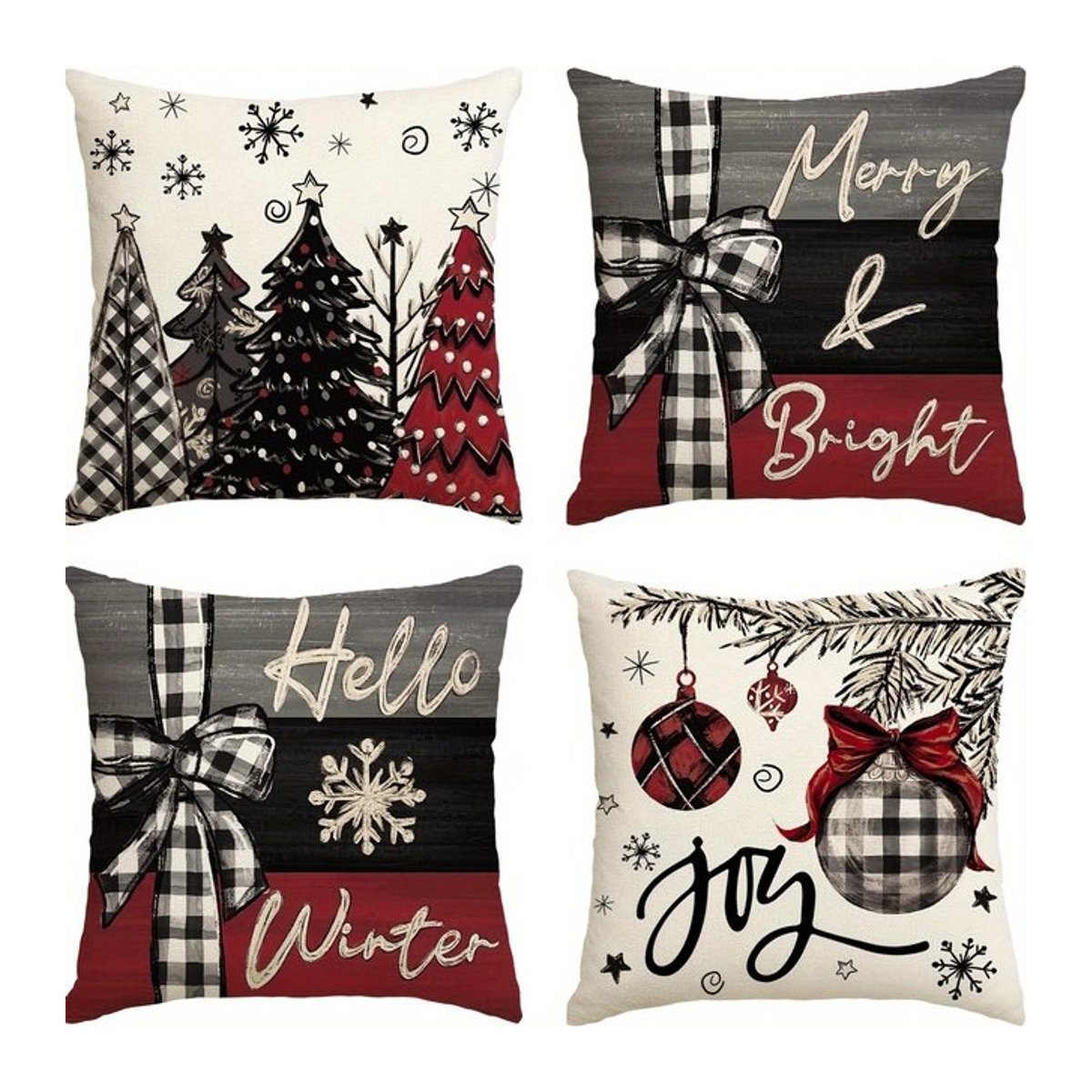 4er-Pack Weihnachts-Kissenbezüge Joy Holiday Designs mit festlichen Bäumen in dekorativem Design - Bild 1