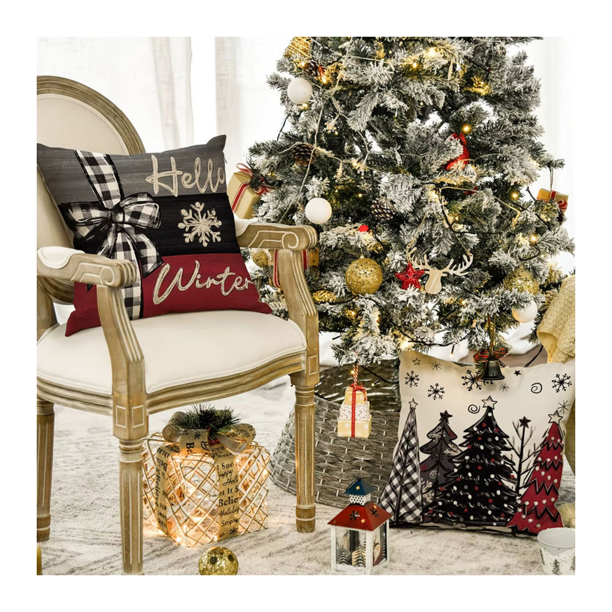 4er-Pack Weihnachts-Kissenbezüge Joy Holiday Designs mit festlichen Bäumen in dekorativem Design - Bild 2