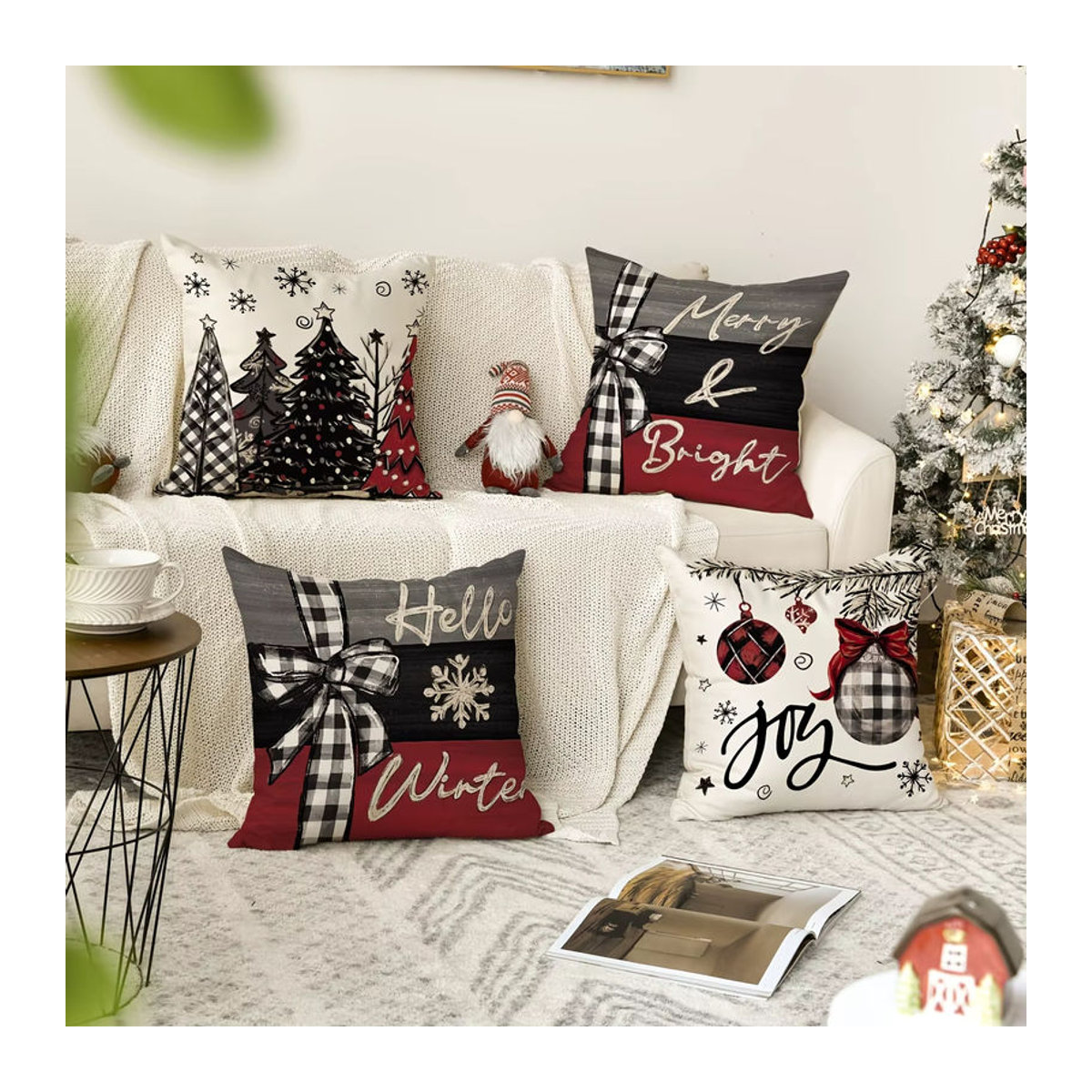 4er-Pack Weihnachts-Kissenbezüge Joy Holiday Designs mit festlichen Bäumen in dekorativem Design - Bild 3