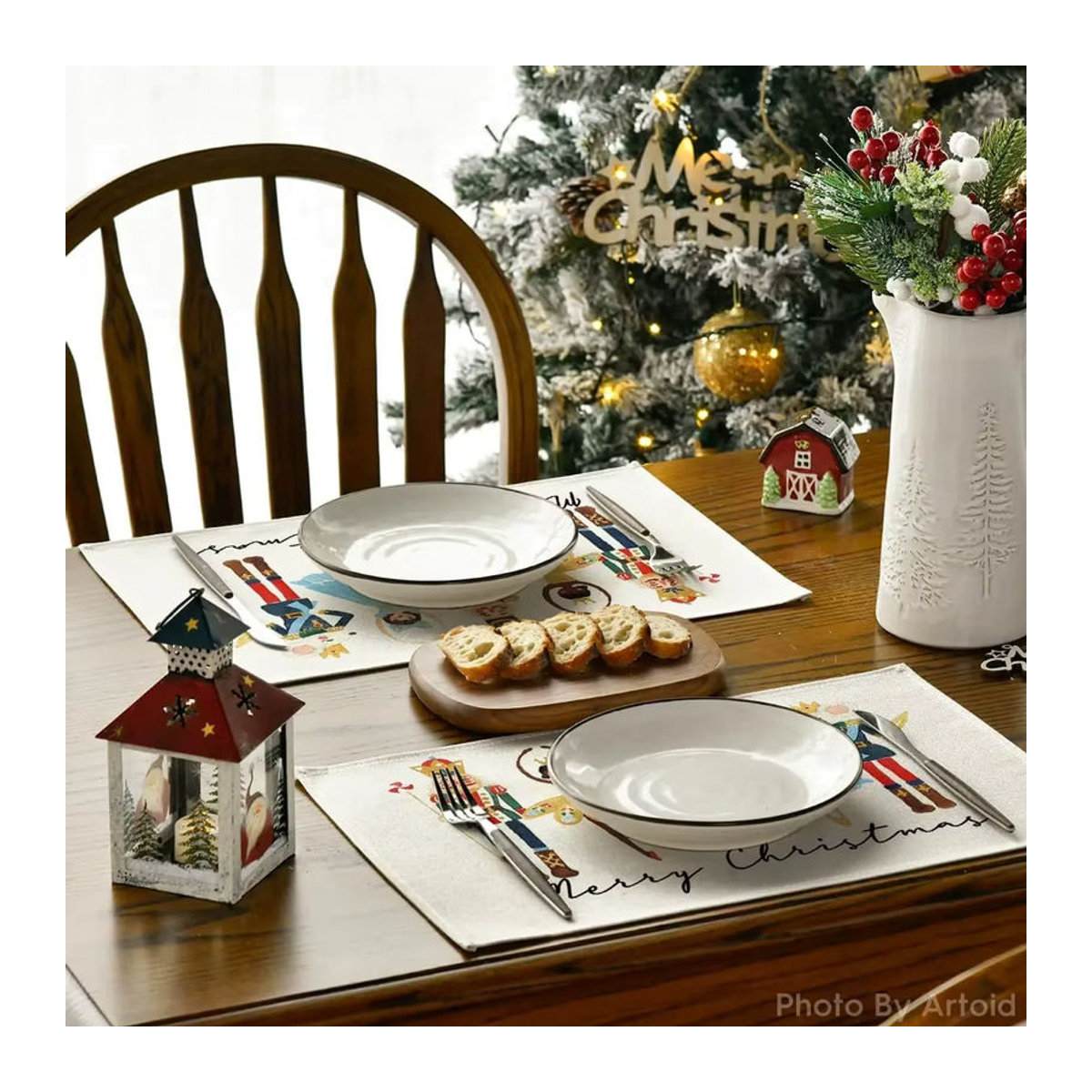 4er Set Aquarell Nussknacker Weihnachtstischsets mit Frohe Weihnachten Motiv für die saisonale Weihnachtsdekoration - Bild 4