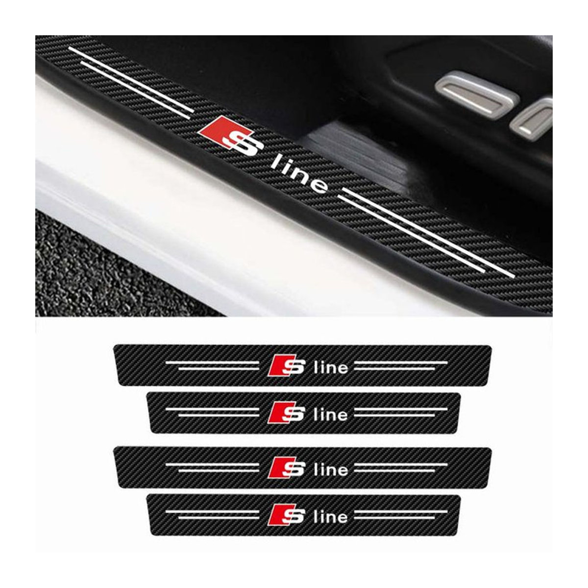 4er-Set Audi Sline Logo Türschwellerschutz aus Carbon Faser in Schwarz für verschiedene Audi Modelle - Bild 1