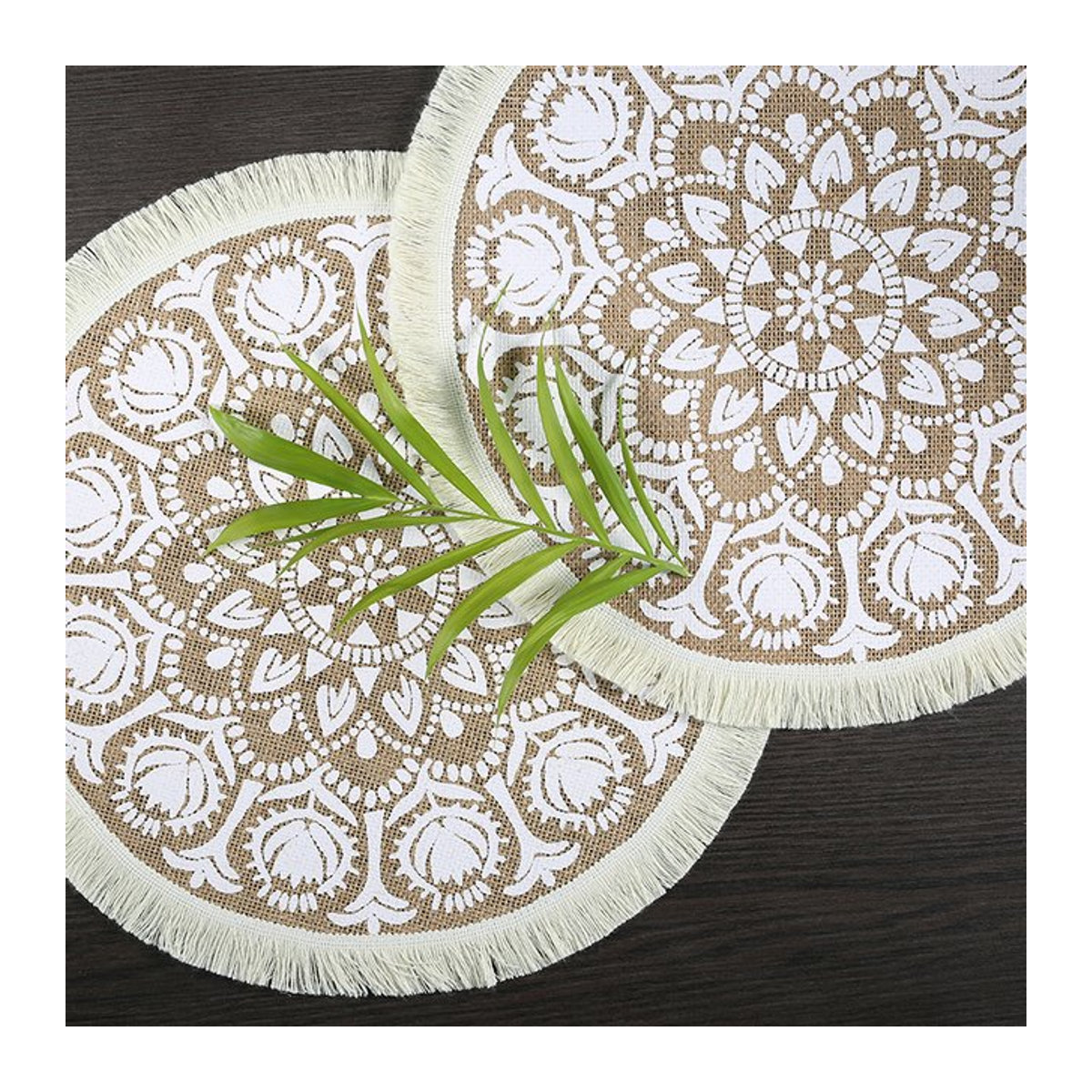 4er Set Bohemsiche runde Untersetzer in Beige mit Quasten, Anti-Verbrühungs-Tischsets Durchmesser: 38 cm - Bild 1