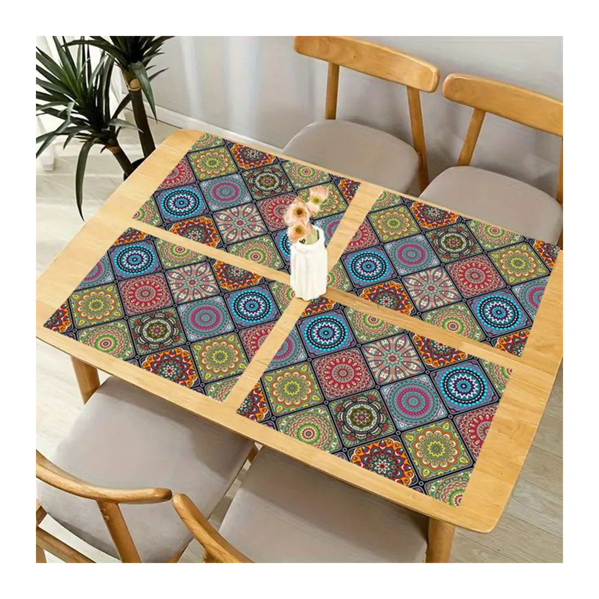 4er-Set Boho-Mandala-Tischsets mit mexikanischem Ethno-Muster und geometrischen Karos in Mehrfarbig - Bild 1