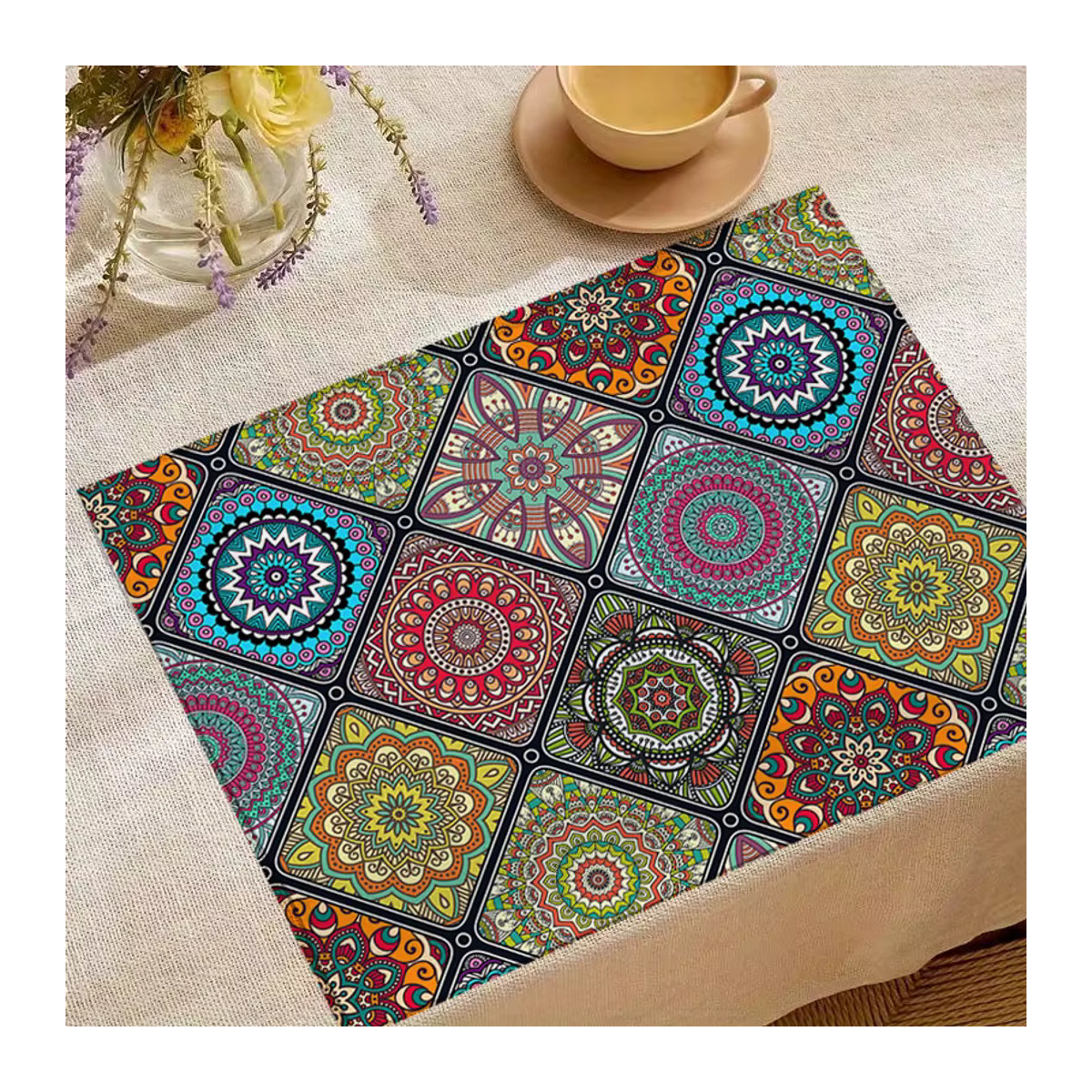 4er-Set Boho-Mandala-Tischsets mit mexikanischem Ethno-Muster und geometrischen Karos in Mehrfarbig - Bild 2