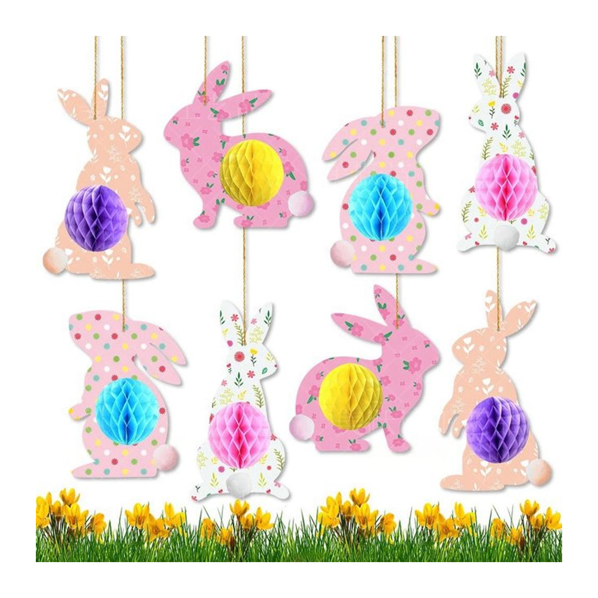 4er Set bunte Osterhasen Hängeornamente aus Papier als Wabenbälle für deine Oster- und Frühlingsdekoration - Bild 1