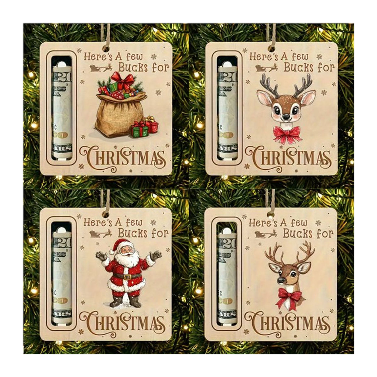 4er Set DUTRIEUX Weihnachts-Spardosen aus Holz mit Weihnachtsmann und Rentier als hängende Dekoration in Beige - Bild 1