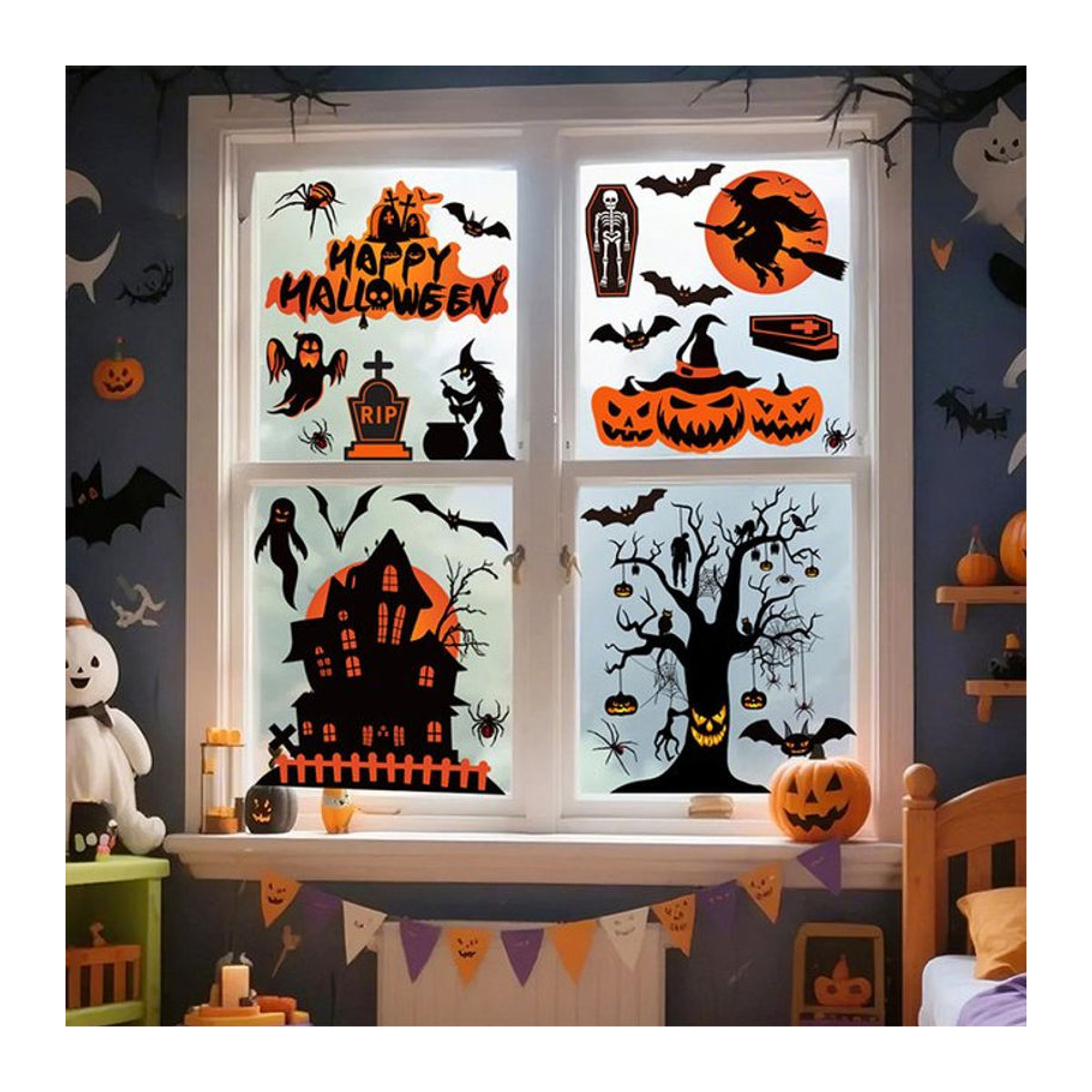 4er-Set Halloween Fensterbilder mit Kürbis, Spinnen und Fledermäusen, doppelseitig und wiederverwendbar, mehrfarbig - Bild 1