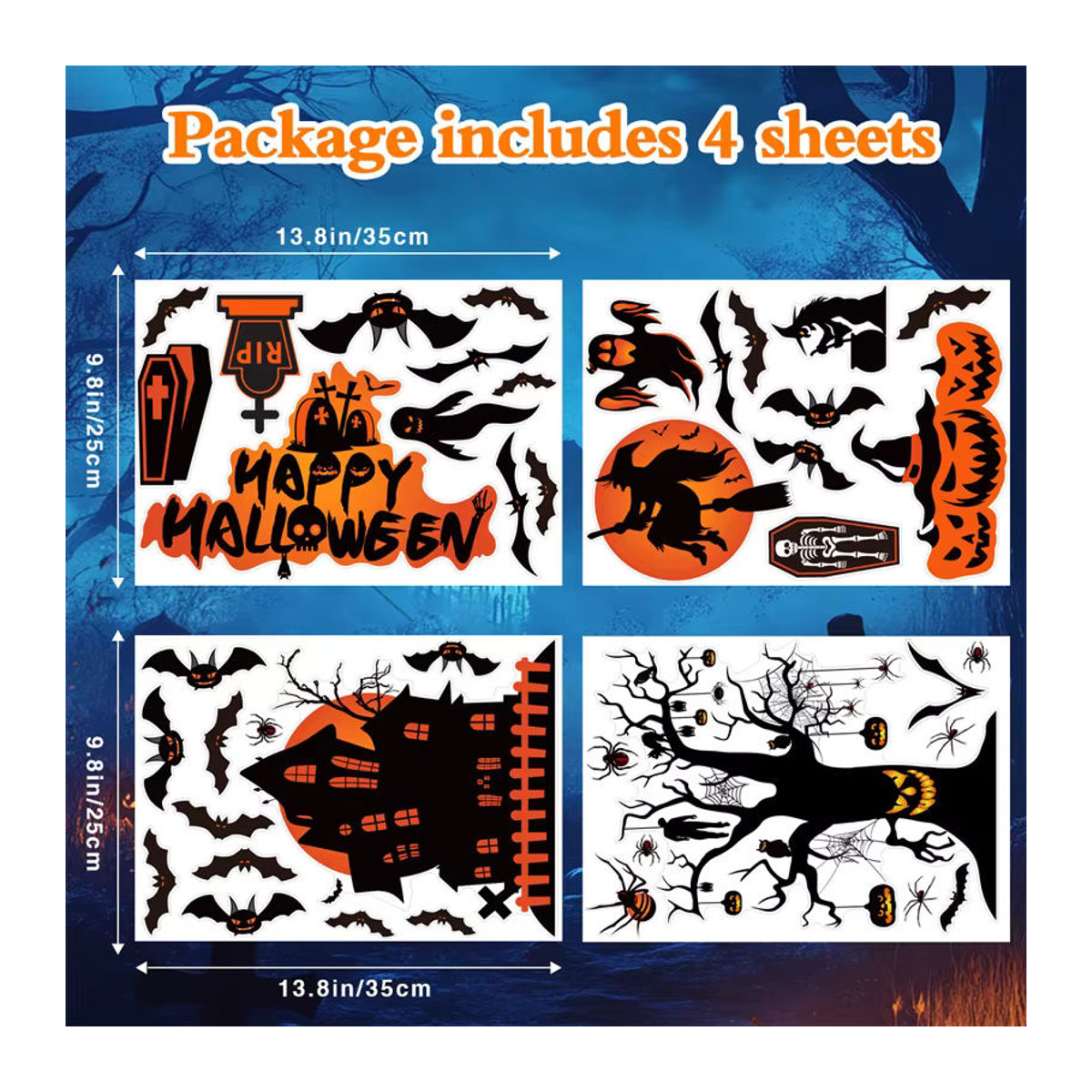 4er-Set Halloween Fensterbilder mit Kürbis, Spinnen und Fledermäusen, doppelseitig und wiederverwendbar, mehrfarbig - Bild 3