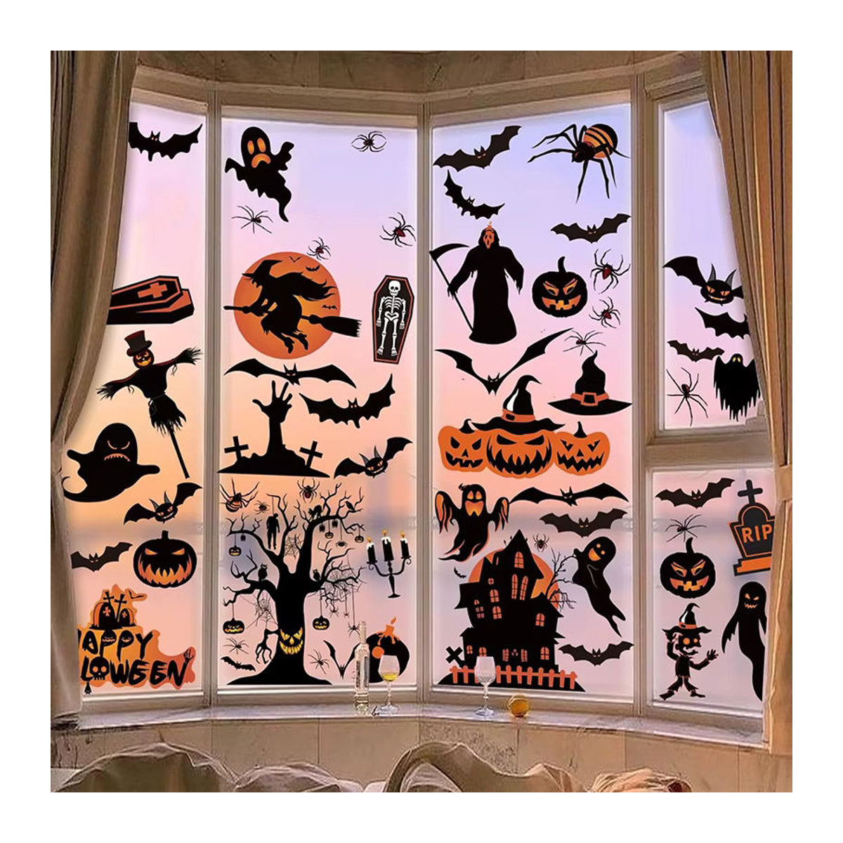 4er-Set Halloween Fensterbilder mit Kürbis, Spinnen und Fledermäusen, doppelseitig und wiederverwendbar, mehrfarbig - Bild 4