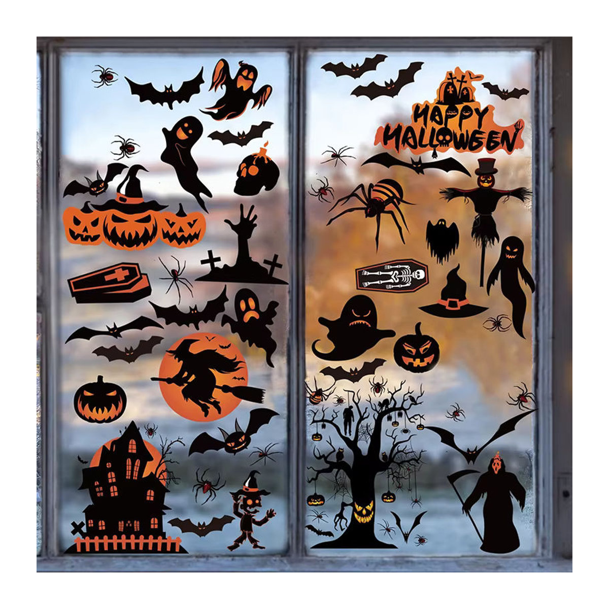 4er-Set Halloween Fensterbilder mit Kürbis, Spinnen und Fledermäusen, doppelseitig und wiederverwendbar, mehrfarbig - Bild 5