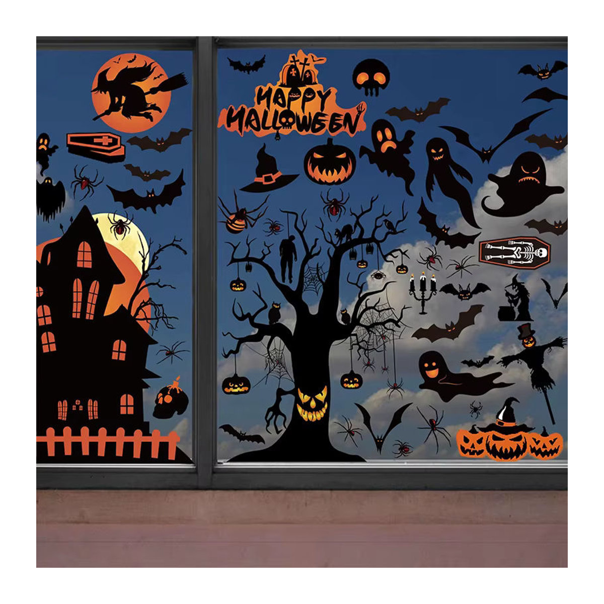 4er-Set Halloween Fensterbilder mit Kürbis, Spinnen und Fledermäusen, doppelseitig und wiederverwendbar, mehrfarbig - Bild 6