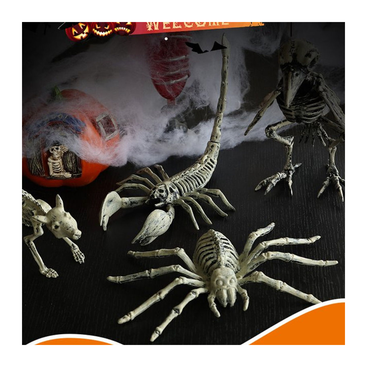 4er-Set Halloween Tier-Skelett Ornamente aus Kunststoff in Weiß für Dekorationen wie Spinne, Krähe und Ratte - Bild 1