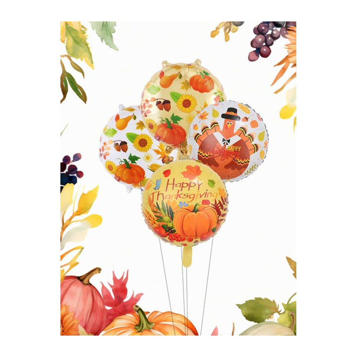 4er-Set Runde Happy Thanksgiving Luftballons mit Herbstmotiven wie Kürbis und Ahornblatt, Mehrfarbig, Durchmesser: 45,72 cm - Bild 1