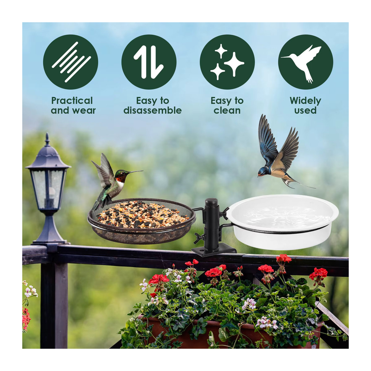 4er Set Runde Vogelhäuschen Tabletts aus Metall und Kunststoff für die Vogelfütterung und das Vogelbad in Schwarz und Weiß - Bild 2