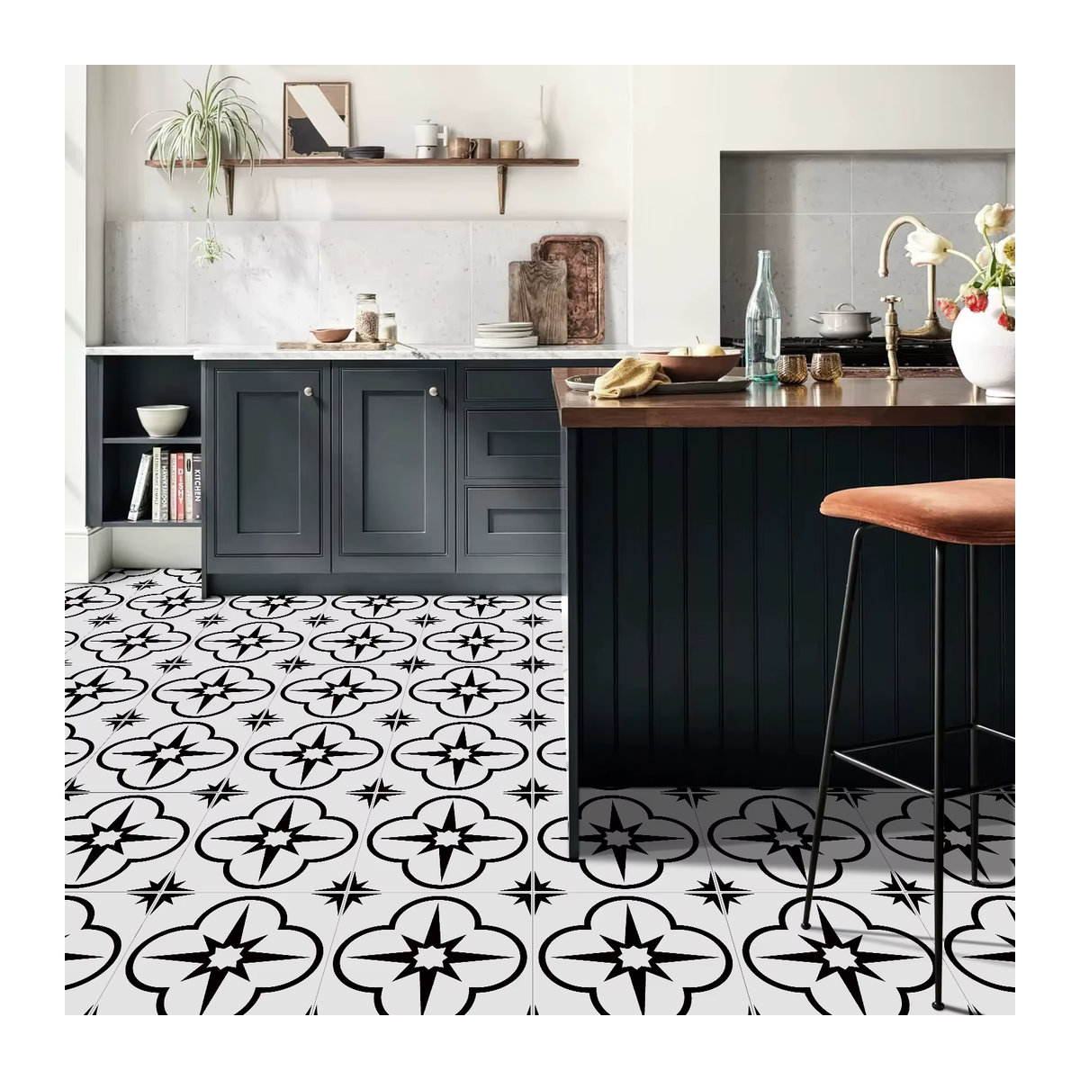 4er-Set selbstklebende Boden- und Wandaufkleber im europäischen Stil mit geometrischem Schwarz-Weiß-Muster, wasserdicht und quadratisch - Bild 2