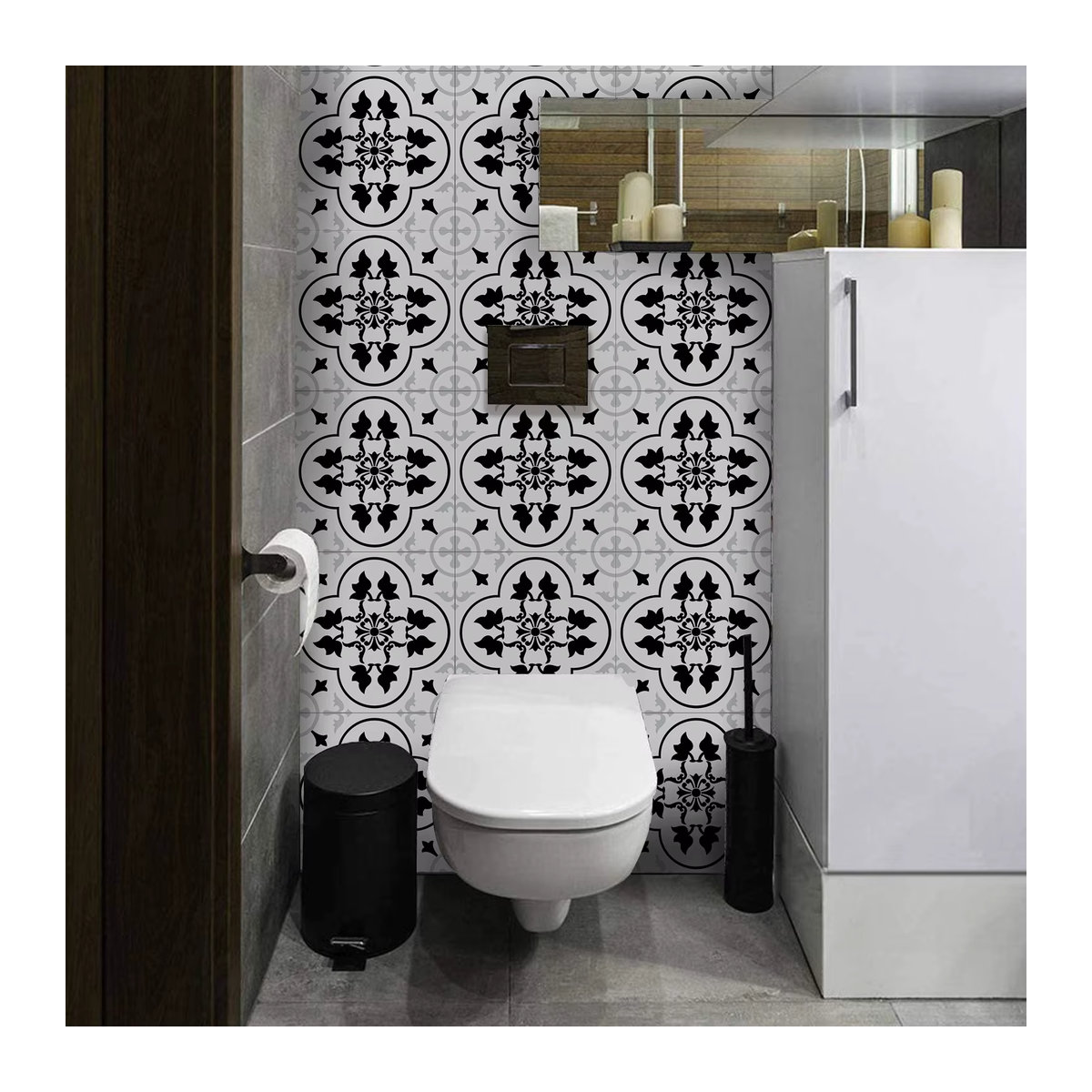 4er-Set selbstklebende Boden- und Wandaufkleber im europäischen Stil mit geometrischem Schwarz-Weiß-Muster, wasserdicht und quadratisch - Bild 3