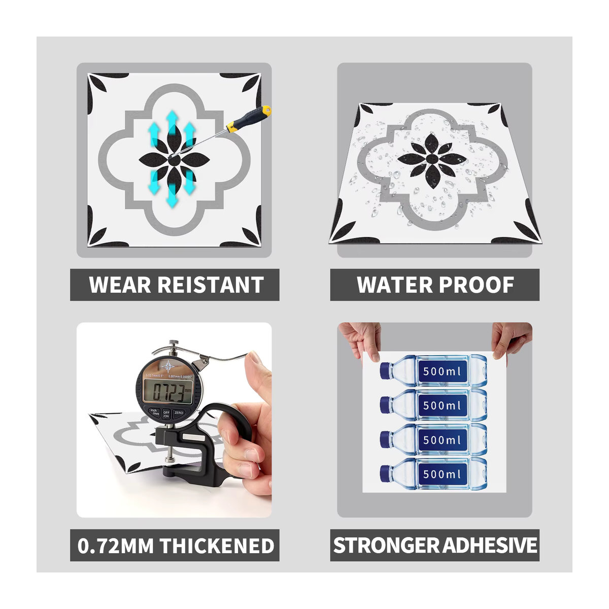 4er-Set selbstklebende Boden- und Wandaufkleber im europäischen Stil mit geometrischem Schwarz-Weiß-Muster, wasserdicht und quadratisch - Bild 4