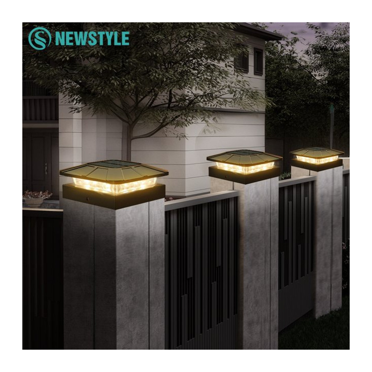 4er Set Solar-Pfostenkappenleuchten in Schwarz mit 3 Beleuchtungsmodi für Garten und Terrasse passend für 4 x 4 Holz und Vinyl - Bild 1