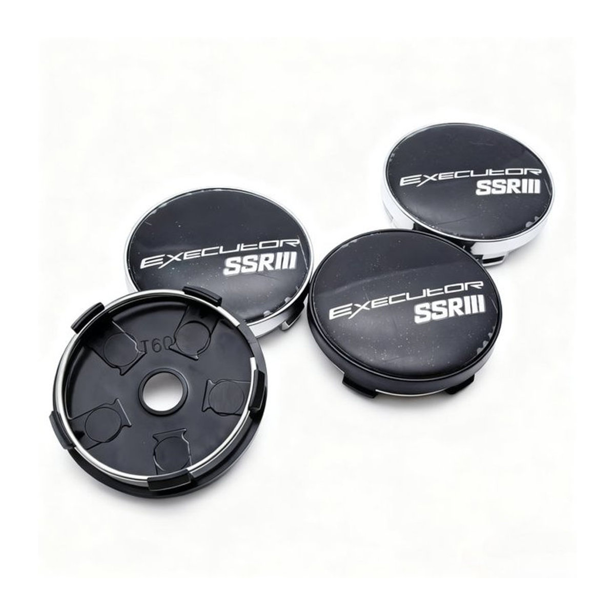 4er-Set SSR Executor Logo Emblem Radnabenkappen aus Kunststoff in Schwarz und Silber, Durchmesser: 60 mm und 56 mm - Bild 1
