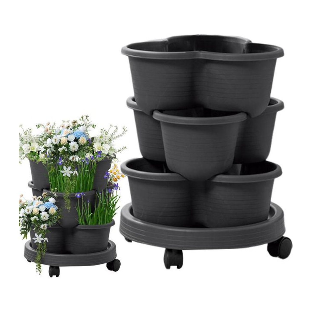 4er-Set stapelbare 3-stufige vertikale Pflanztürme für Garten und Haus zum Anbau von Kräutern, Blumen und Gemüse - Bild 1