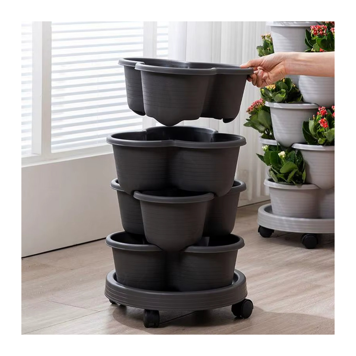 4er-Set stapelbare 3-stufige vertikale Pflanztürme für Garten und Haus zum Anbau von Kräutern, Blumen und Gemüse - Bild 3