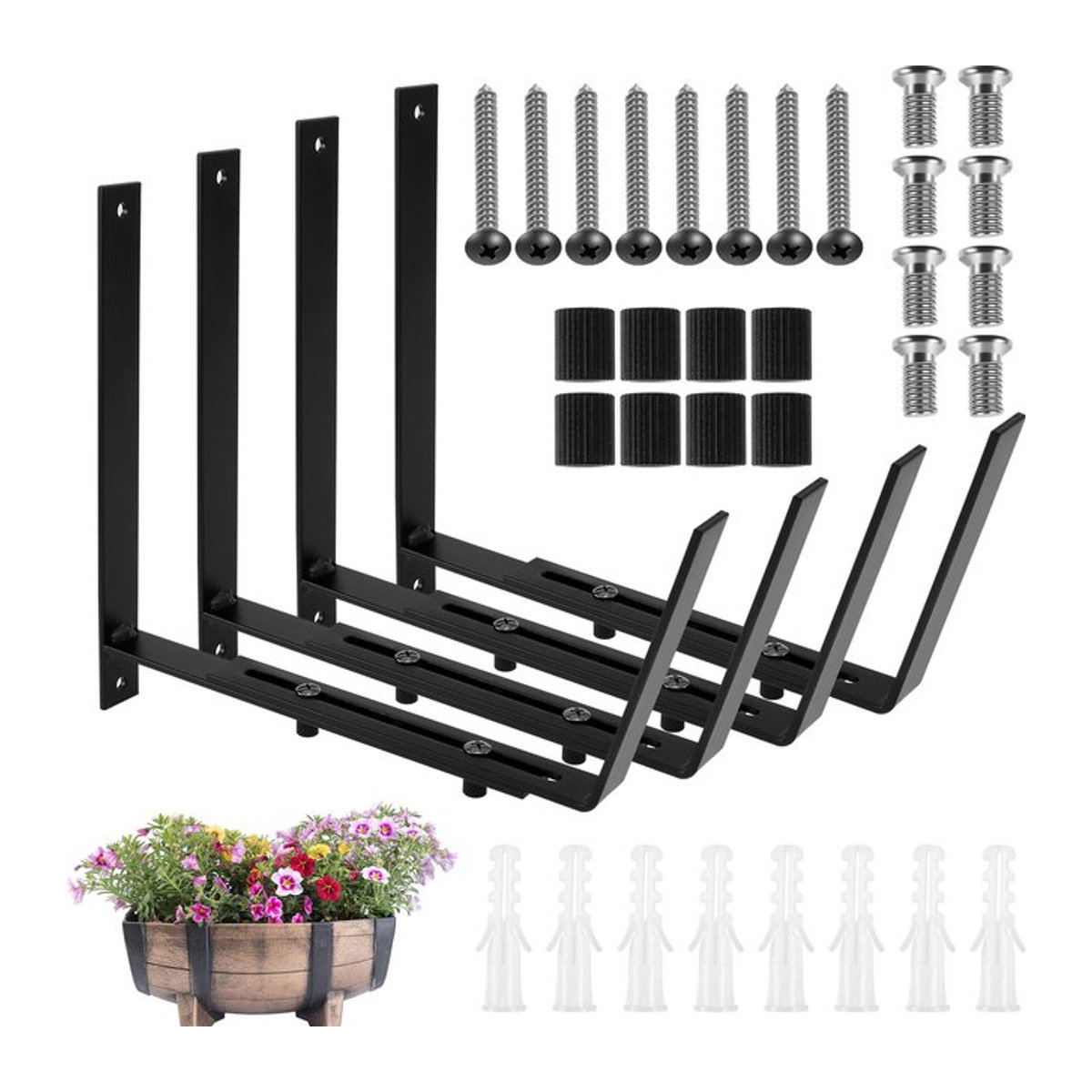 4er-Set Verstellbare Blumenkastenhalter aus Metall in Schwarz für Balkon und Geländer - Bild 1