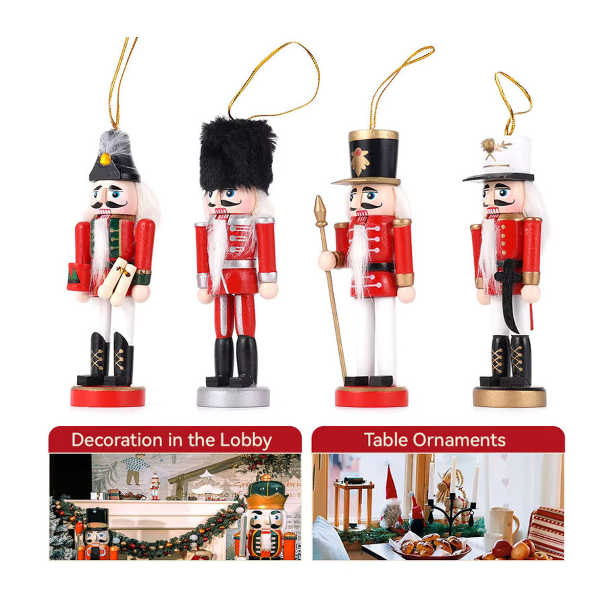 4er-Set Weihnachts-Nussknacker aus Holz als mehrfarbige Figuren für als Hängeornament oder Desktop-Dekoration - Bild 3