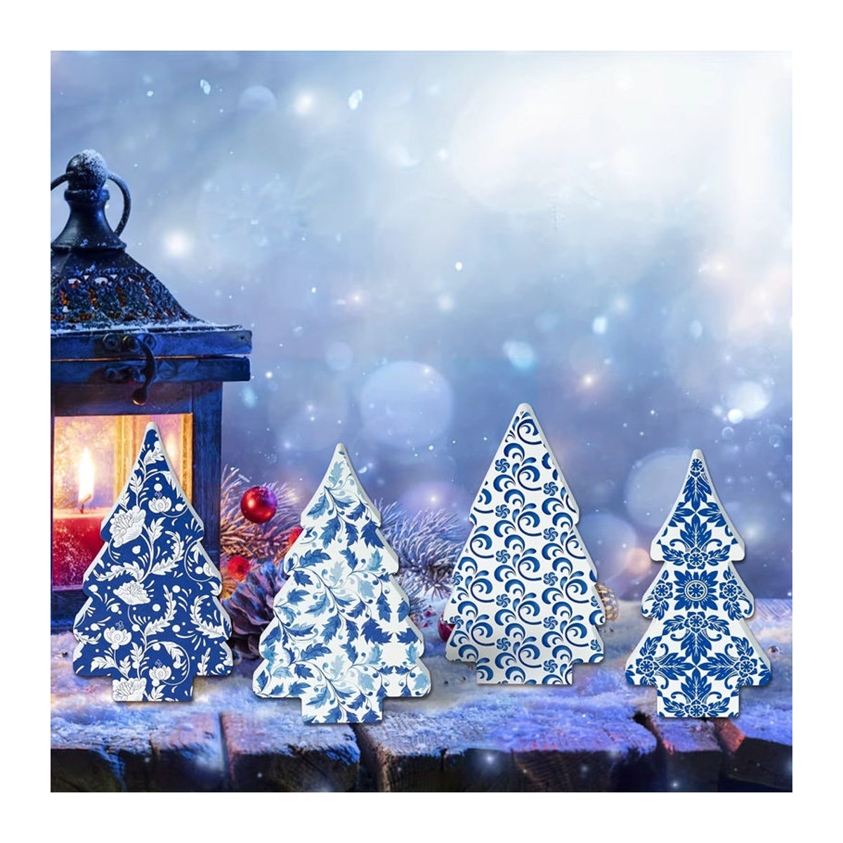 4er-Set Weihnachts-Tischdekoration Chinoiserie aus Keramik und Holz in Blau - Bild 2