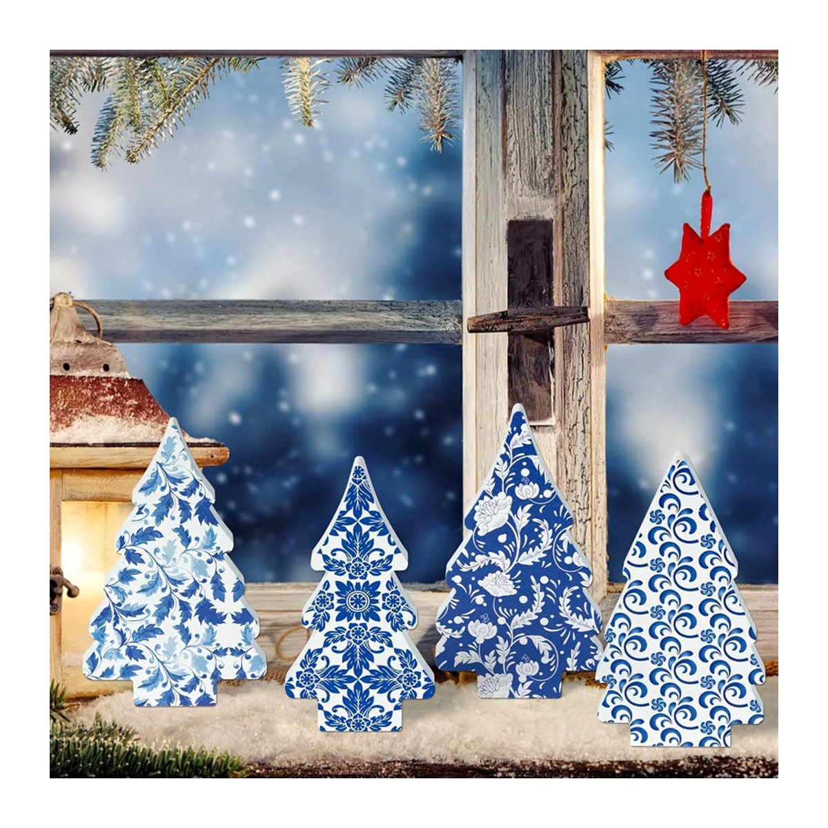 4er-Set Weihnachts-Tischdekoration Chinoiserie aus Keramik und Holz in Blau - Bild 3