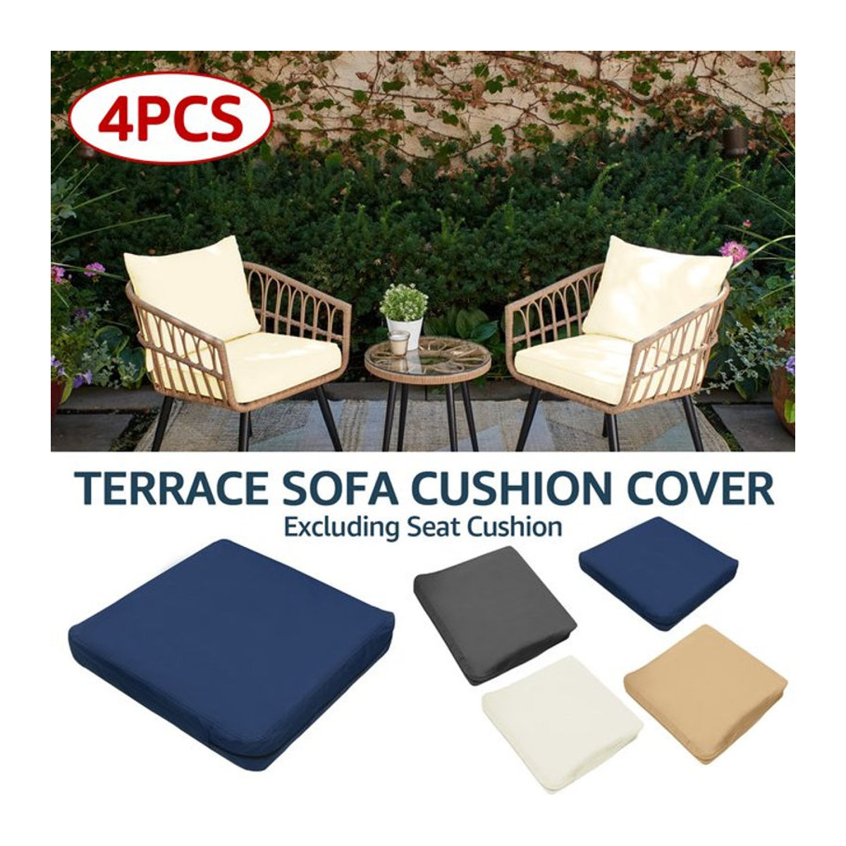 4er-Set Willstar Sitzkissenbezüge für Terrassenstühle, wasserdicht und staubdicht mit Reißverschluss, quadratisch, B/T/H: 60 x 60 x 10 cm - Bild 1