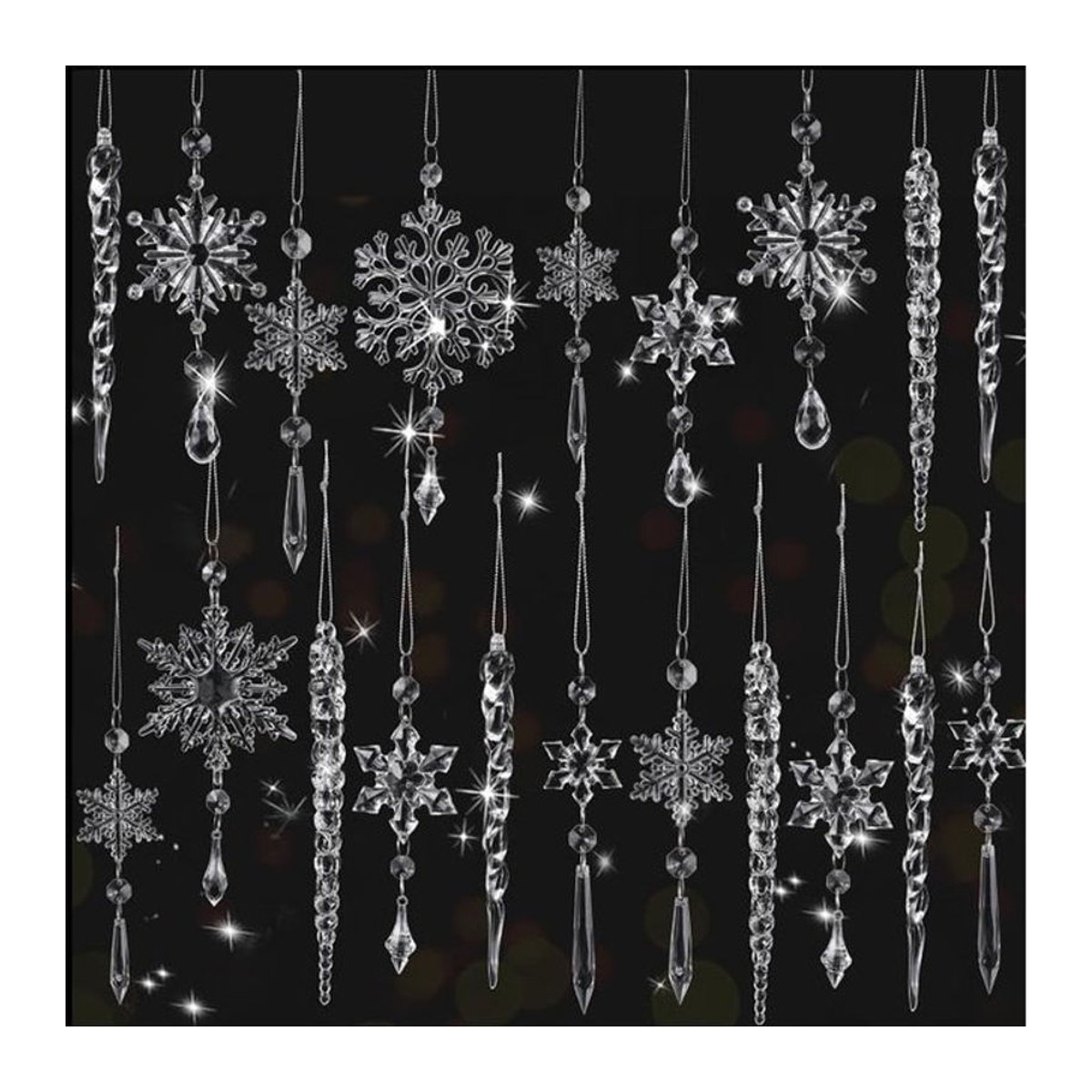5 bis 10 Stück Weihnachtsbaum Ornamente aus transparentem Acryl als Hängeornamente in Schneeflocken- und Eiszapfen-Optik - Bild 1