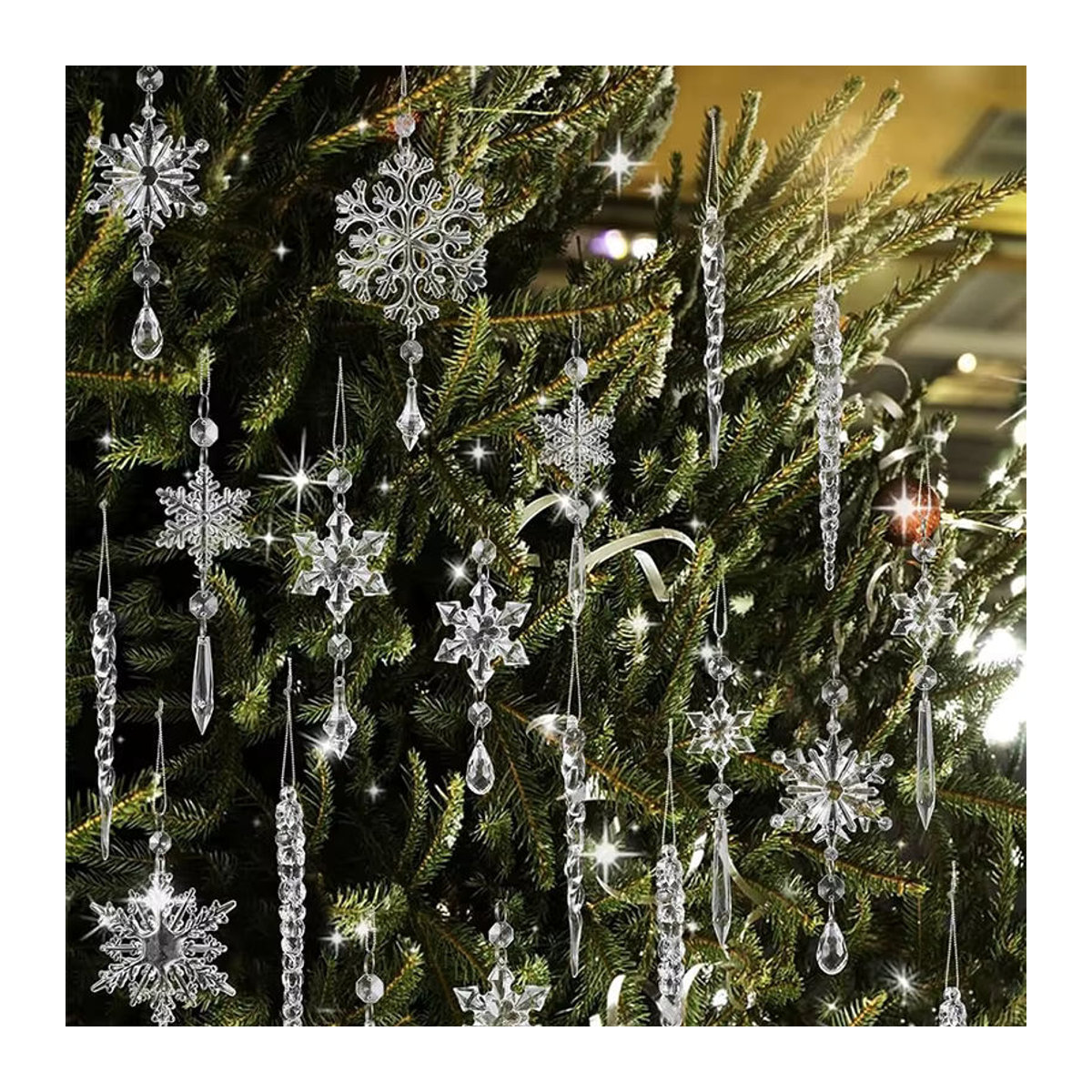 5 bis 10 Stück Weihnachtsbaum Ornamente aus transparentem Acryl als Hängeornamente in Schneeflocken- und Eiszapfen-Optik - Bild 2