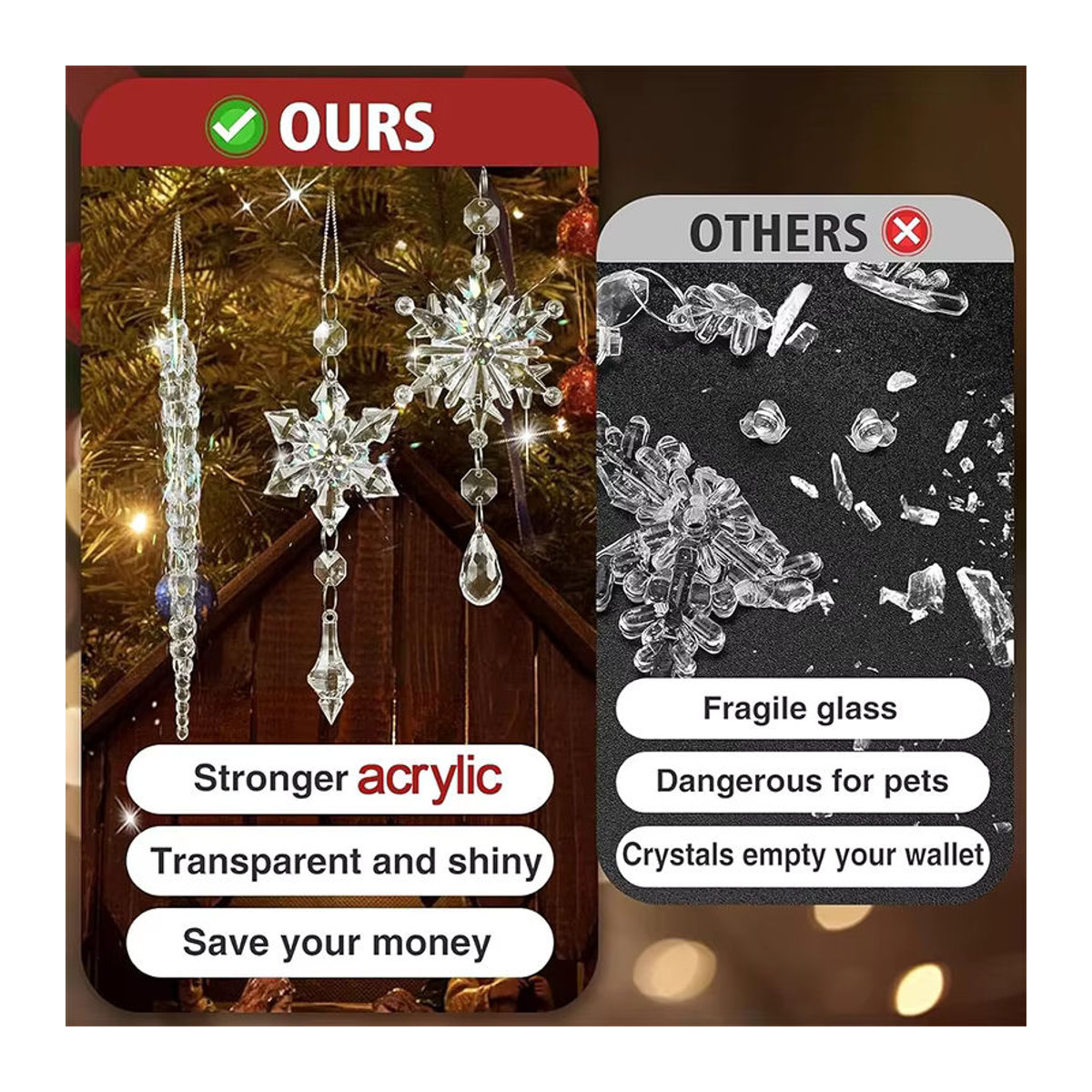 5 bis 10 Stück Weihnachtsbaum Ornamente aus transparentem Acryl als Hängeornamente in Schneeflocken- und Eiszapfen-Optik - Bild 5
