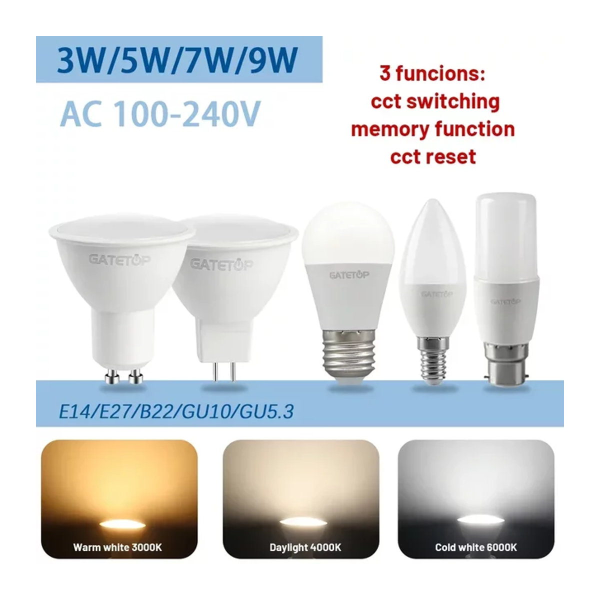 5 Stück CCT LED GU10 Spot Glühbirnen mit 3 Farbtemperaturen und Speicherfunktion - Bild 1