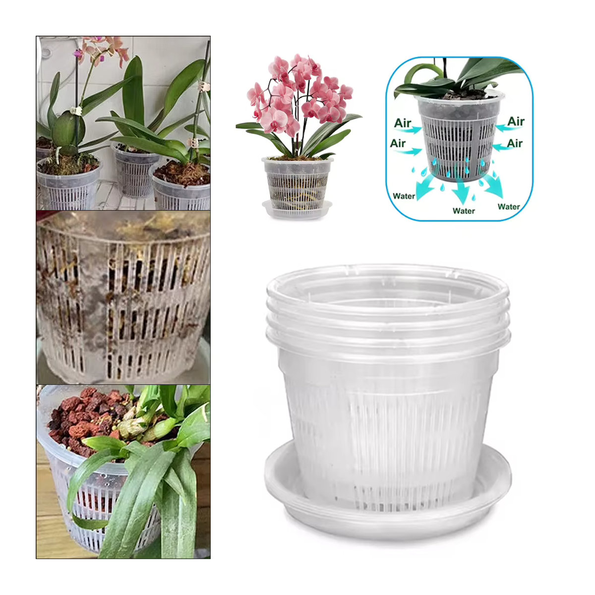 5 Stück LEENKEA Pflanzentöpfe aus transparentem Kunststoff mit Untersetzer und Belüftungslöchern für Orchideen und Gartenpflanzen - Bild 1