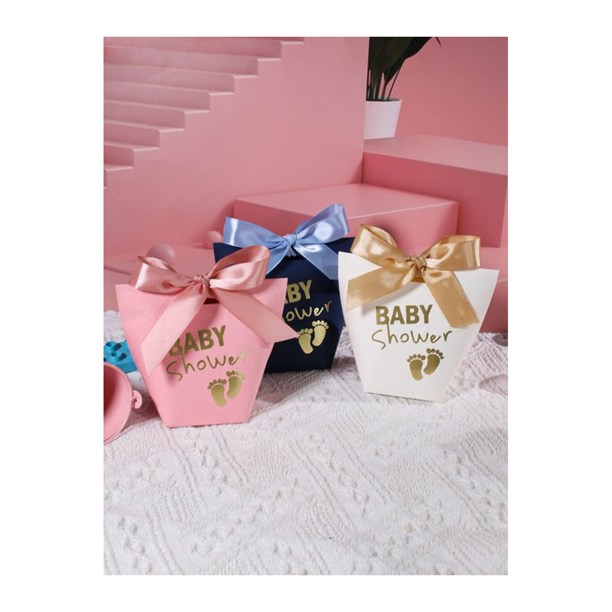 5 Stück RMTPT Geschenkboxen mit Babyparty-Motiv und Fußabdruck aus Papier, mehrfarbig - Bild 1