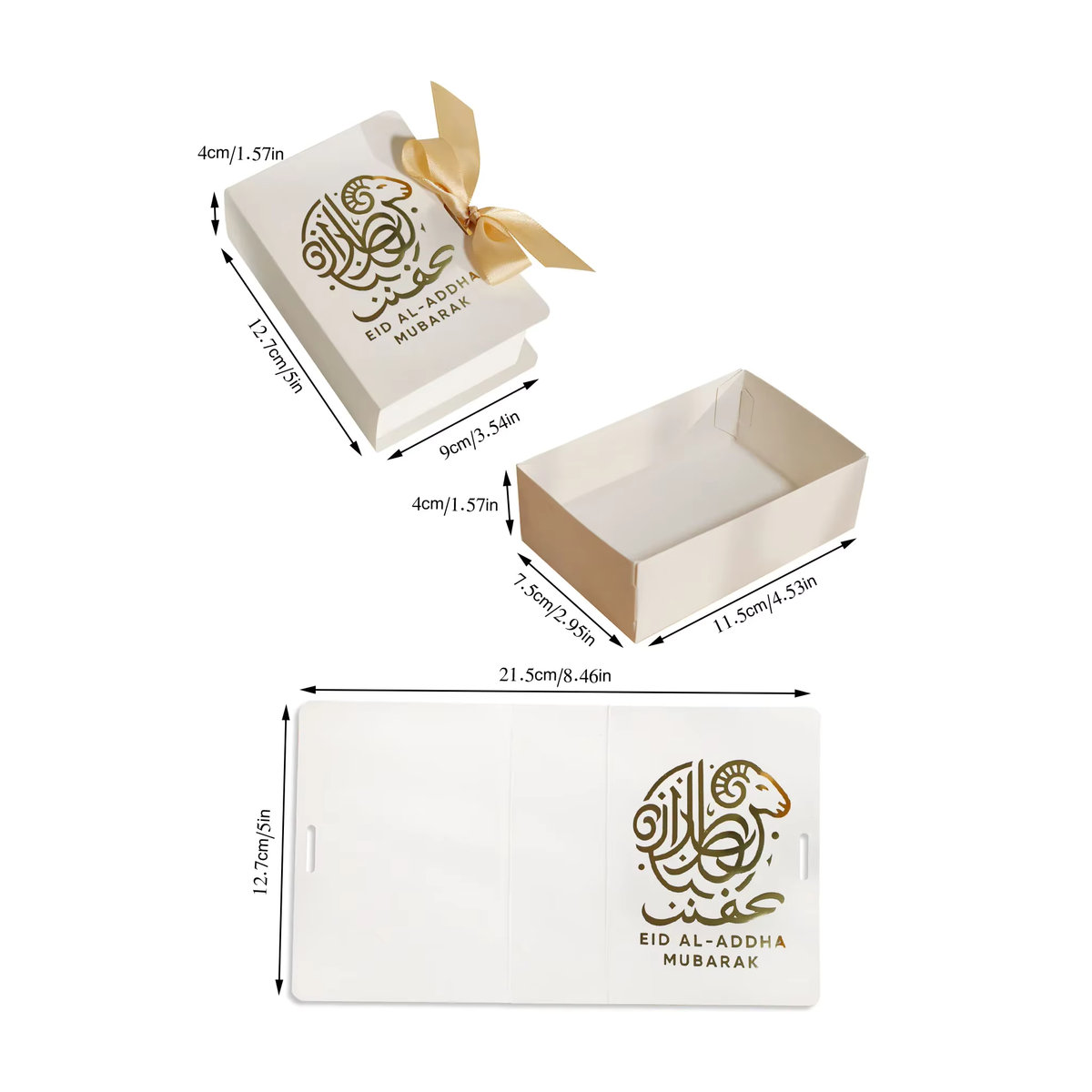 5 Stück weiße Eid al Adha Geschenkboxen aus Papier mit Goldfolienverzierung und goldener Schleife - Bild 6