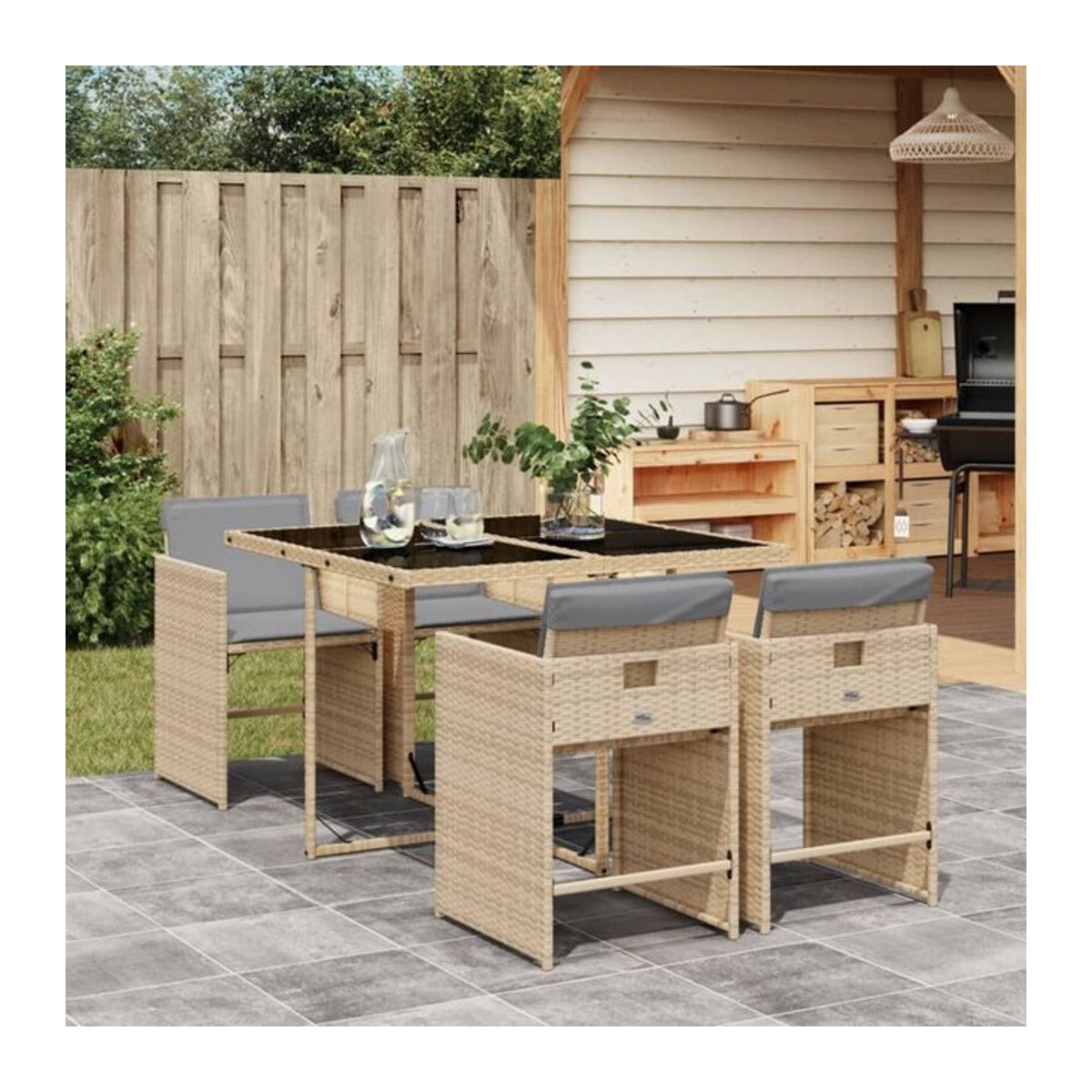 5-teilige Garten-Essgruppe aus Poly-Rattan mit Kissen und Glastisch in Beige von vidaxl - Bild 1