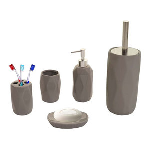 5-teiliges Badset MCW-H88 aus Keramik in Grau mit WC-Garnitur und Badezimmer-Accessoires