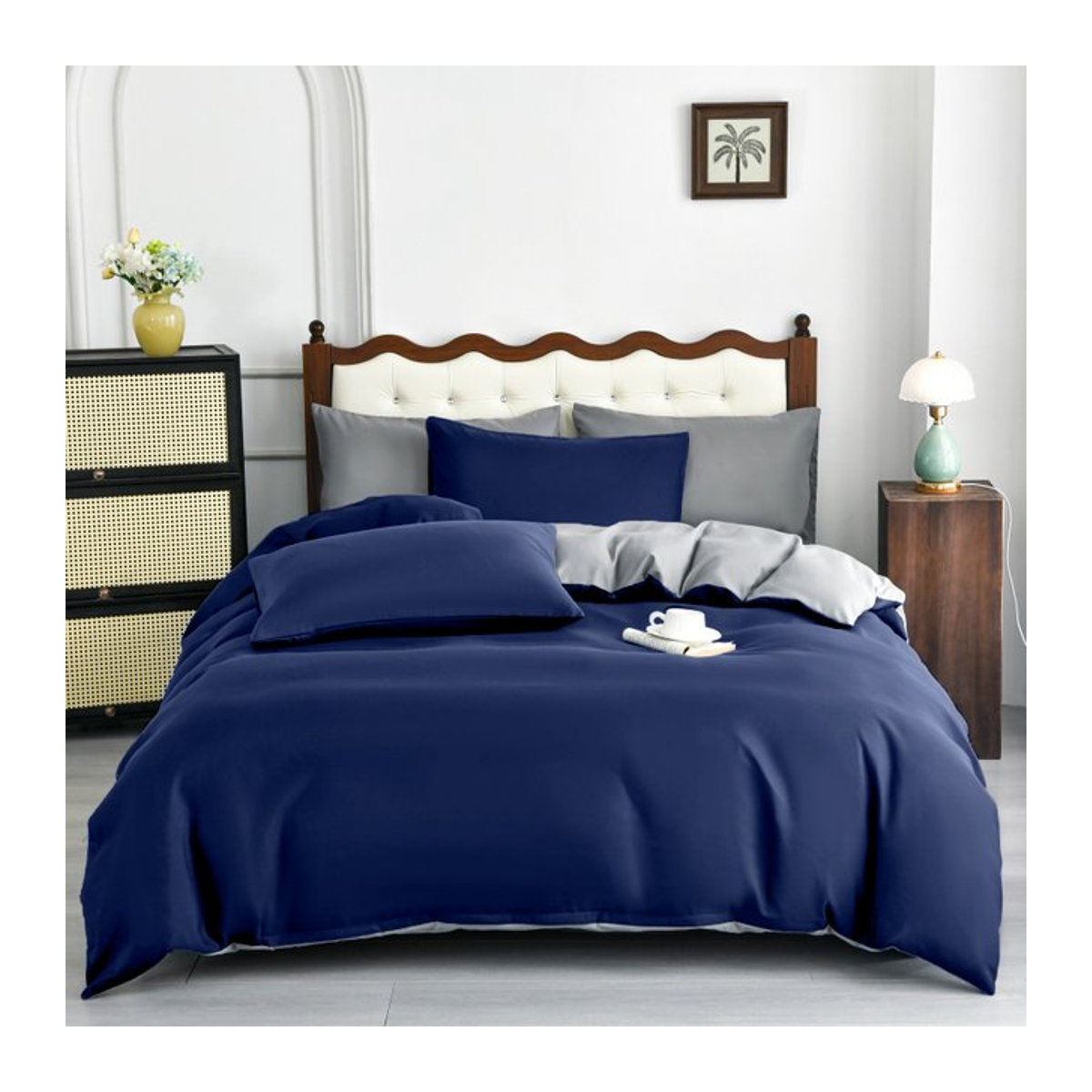 5-teiliges Bettwäsche-Set von kuup mit farbblockiertem Design in Beige und Blau, bestehend aus einem Bettbezug mit Reißverschluss und vier Kissenbezügen - Bild 1