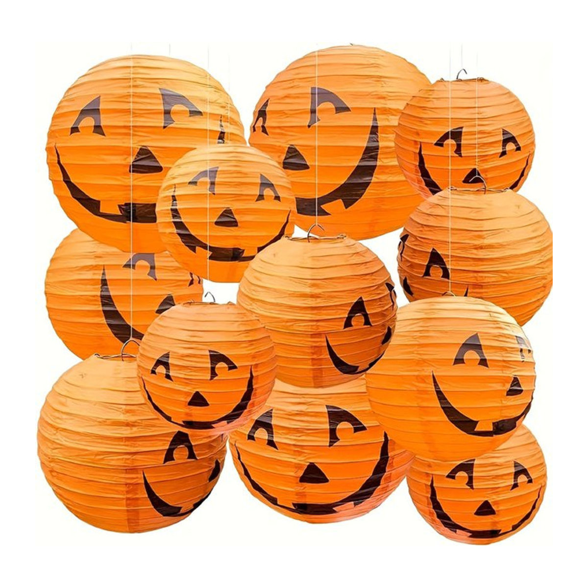 5-teiliges Halloween-Laternen-Set mit bösem Kürbiskopf und orangefarbenen Taschentuch-Pompons zur hängenden Dekoration - Bild 1