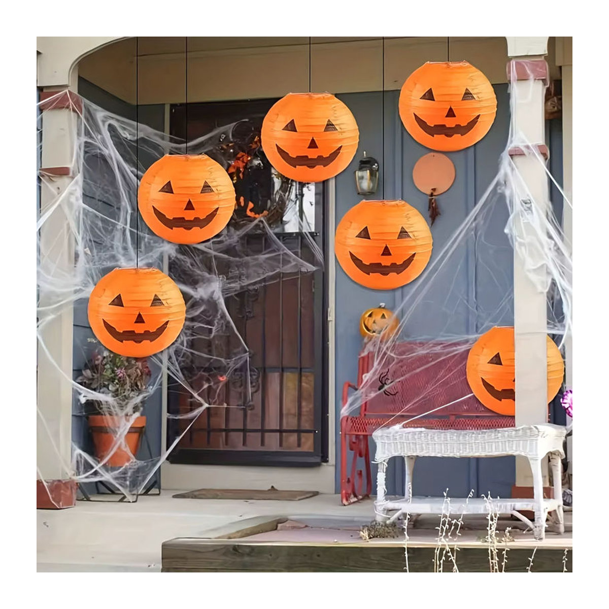 5-teiliges Halloween-Laternen-Set mit bösem Kürbiskopf und orangefarbenen Taschentuch-Pompons zur hängenden Dekoration - Bild 2