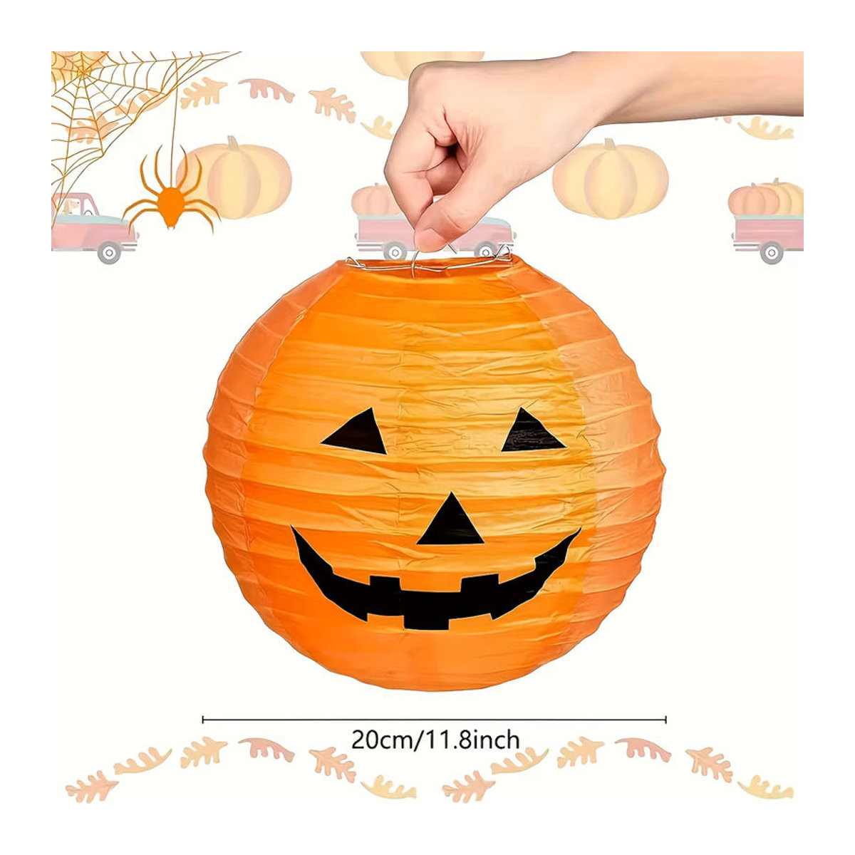 5-teiliges Halloween-Laternen-Set mit bösem Kürbiskopf und orangefarbenen Taschentuch-Pompons zur hängenden Dekoration - Bild 3