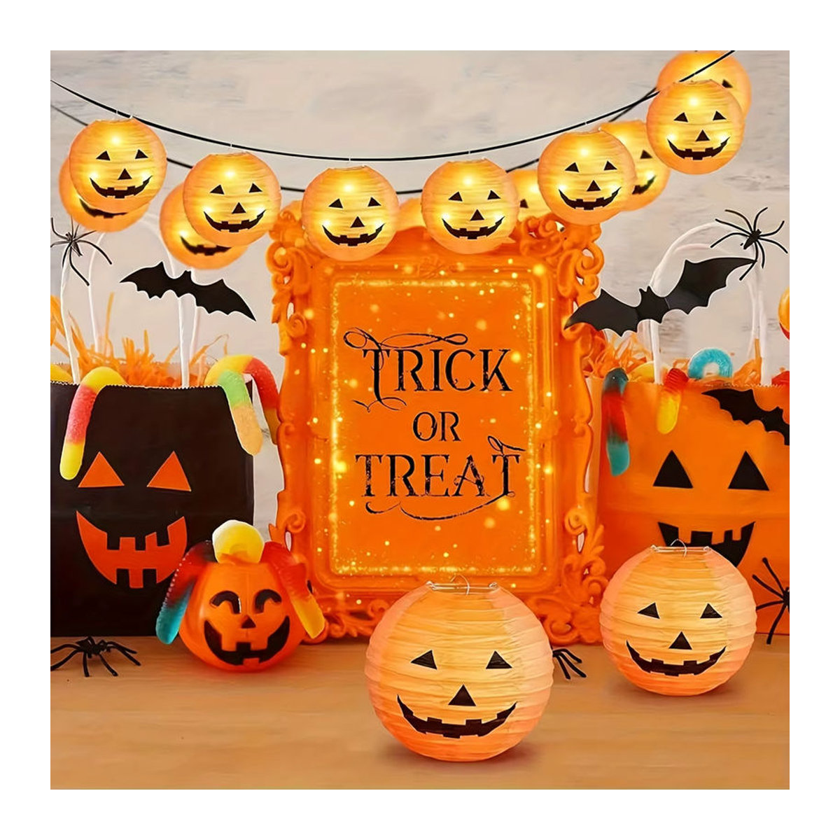 5-teiliges Halloween-Laternen-Set mit bösem Kürbiskopf und orangefarbenen Taschentuch-Pompons zur hängenden Dekoration - Bild 5